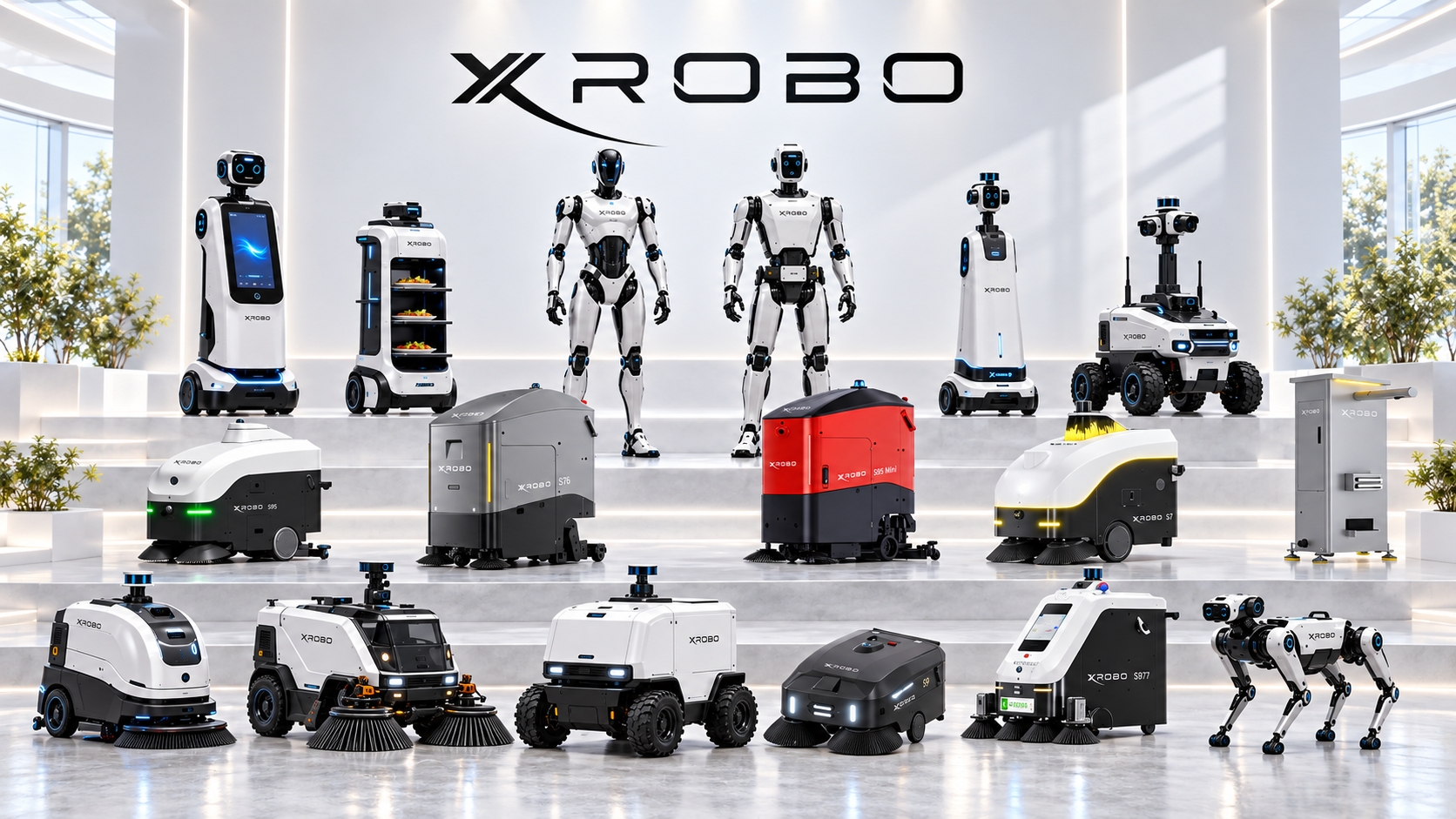 XROBO robot family: humanoids, robot dog, cleaning robots, delivery bases and wheeled platforms